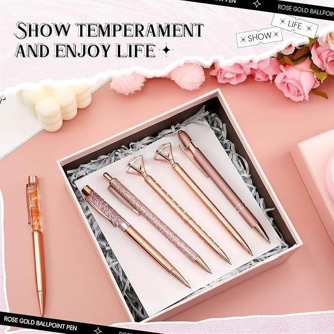 Supervitae 8 Pcs Ballpoint Pen for Women Fancy Gifts for Journaling Liquid Sand Glitter Black Ink Pens Bridal Shower Gifts for Wedding Women Office Desk School Stationery Supplies(Rose Gold)