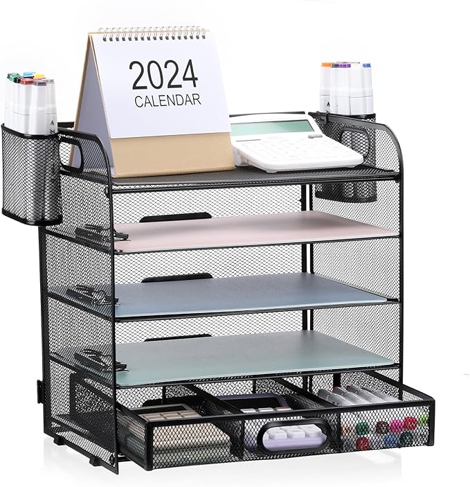 5-Tier Letter Tray Desk Organizer with Drawer and Pen Holder, Mesh File Organizer with Handle, Office Supplies Document Paper Sorter Desk Organization for Home Office, Black