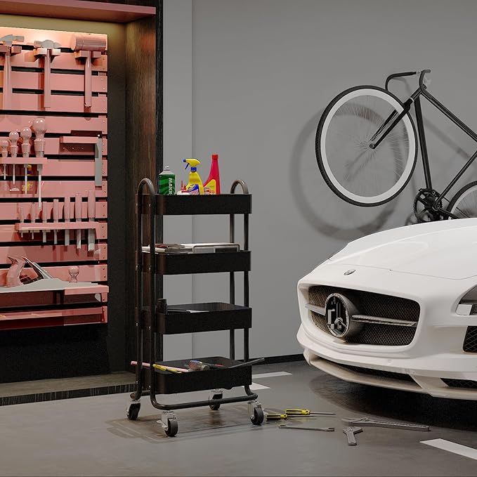 4-Tier Black Rolling Cart,Metal Rolling Utility Cart with Handle,Multifunction Rolling Carts with Wheels,Kitchen Storage Carts Suitable for Office,Home,Kitchen,Garden（13.4"x18.1"x40"） Black