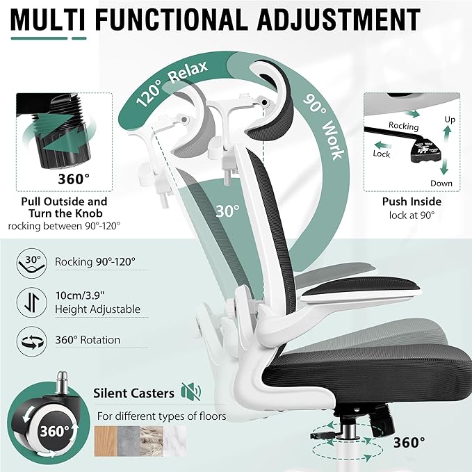 Office Chair, Ergonomic Office Chair with 3D Lumbar Support 3D Headrest, Comfy High Back Home Desk Chairs, Breathable Mesh Computer Chairs with Flip-Up Armrests & Hanger(White)