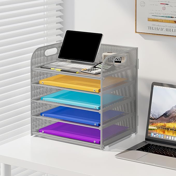 5 Tier Paper Organizer with Handle, Metal Mesh Desk Organizer File Folder Organizer Paper Letter Tray Desktop Document Sorter for Classroom, School, Office Organization and Storage - Silver