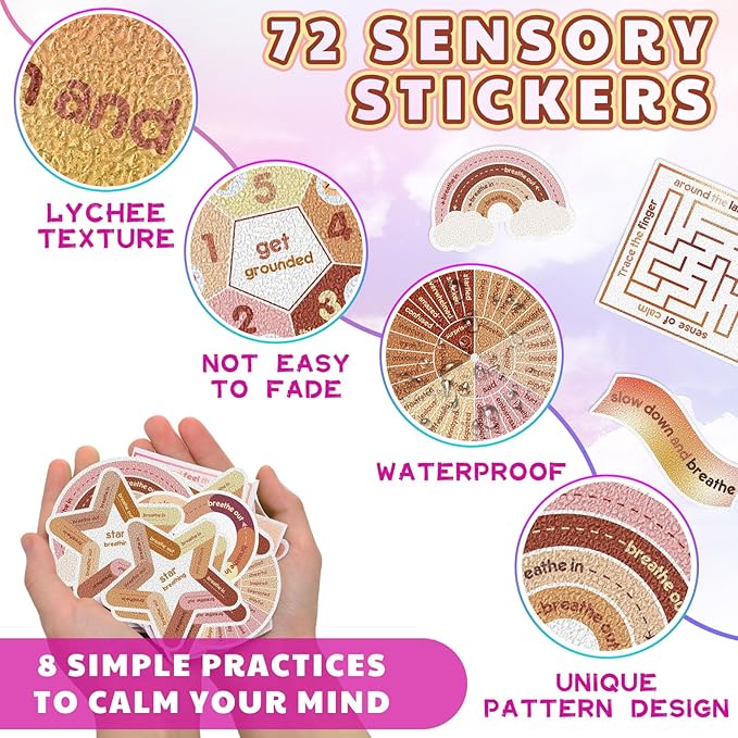 Libima 72 Pieces Anxiety Sensory Stickers Anxiety Textured Stickers Fidget Stickers Mindfulness Sticker School Counselor Supplies Adult Sensory Items Anxiety Relief, 9 Styles(Boho Color)