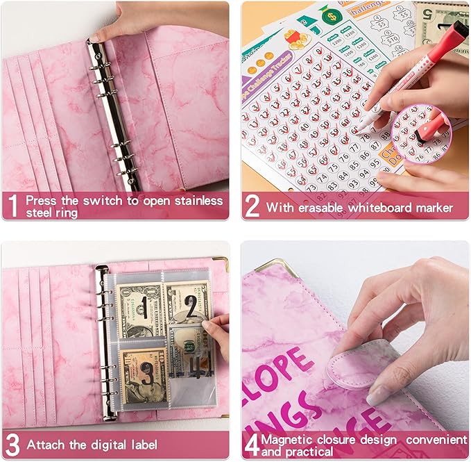 100 Envelopes Challenge Binder Savings Challenges Book, A5 Money Saving Planner Cash Envelope Budget Binder with Erasable Pen, Easy and Fun Way to Save $5,050, 10,000 and $500 (Marble Pink)