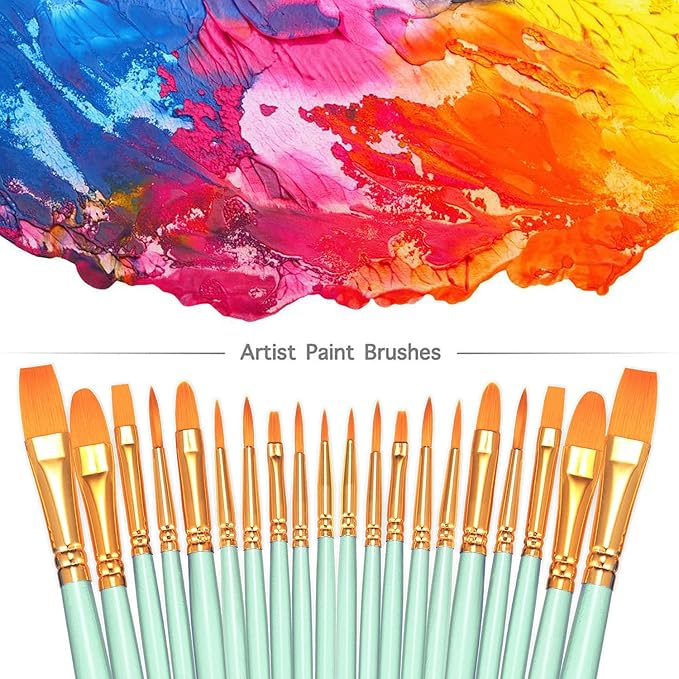BOSOBO Paint Brushes Set, 10 Pack 100 Pcs Round Pointed Tip Paintbrushes Nylon Hair Artist Acrylic Paint Brushes for Acrylic Oil Watercolor, Face Nail Art, Miniature Detailing & Rock Painting, Green