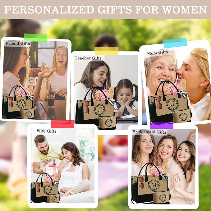 YOOLIFE Christmas Gifts for Women - Initial Jute Tote Bag & Makeup Bag, Birthday Gifts for Women Her Mom Teacher Friend