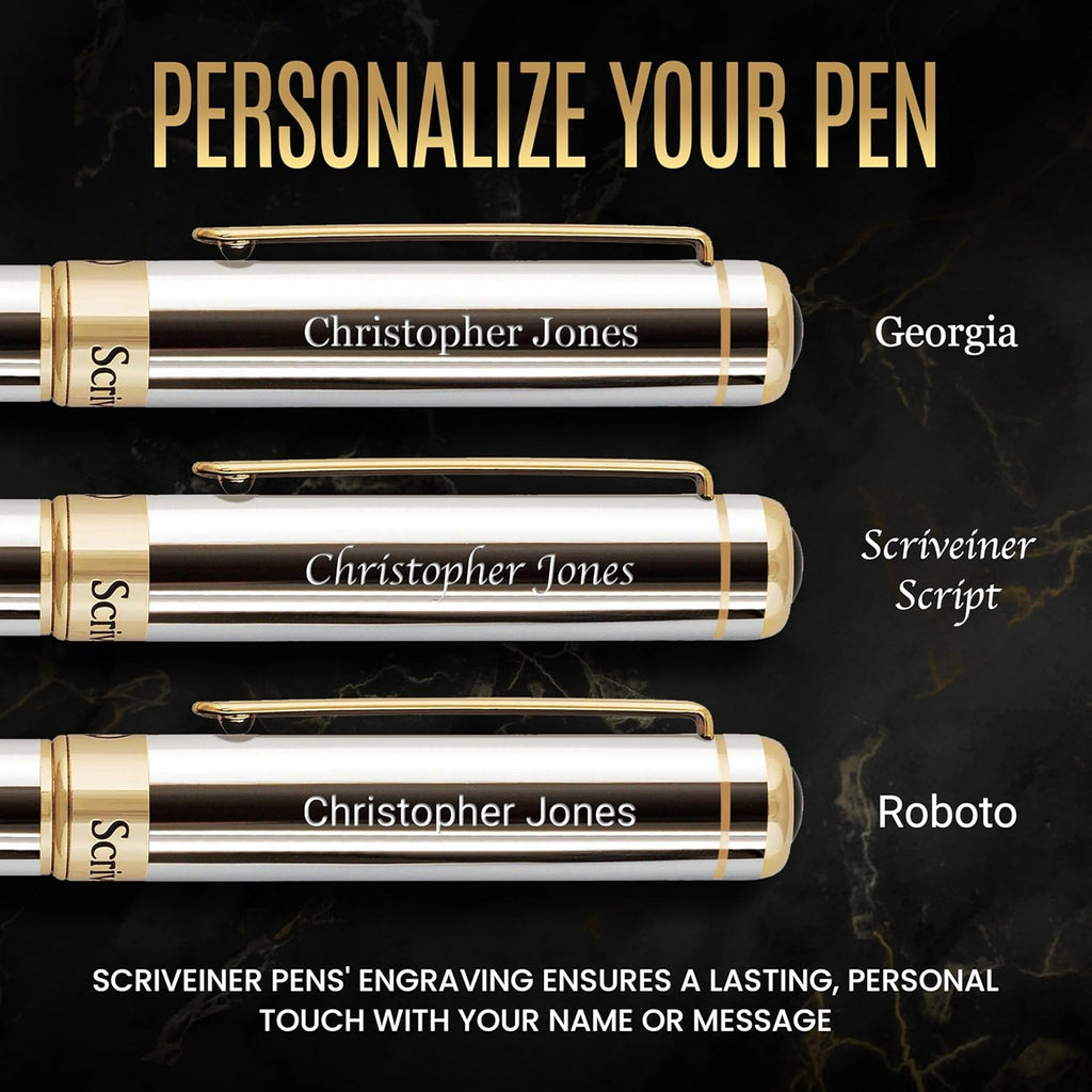 Scriveiner Personalized Silver Chrome Rollerball Pen - Stunning Luxury Pen, Real Gold Plating, Schmidt Ink Refill, Best Engraved Roller Ball Gift Set for Men & Women, Custom Name Engraving