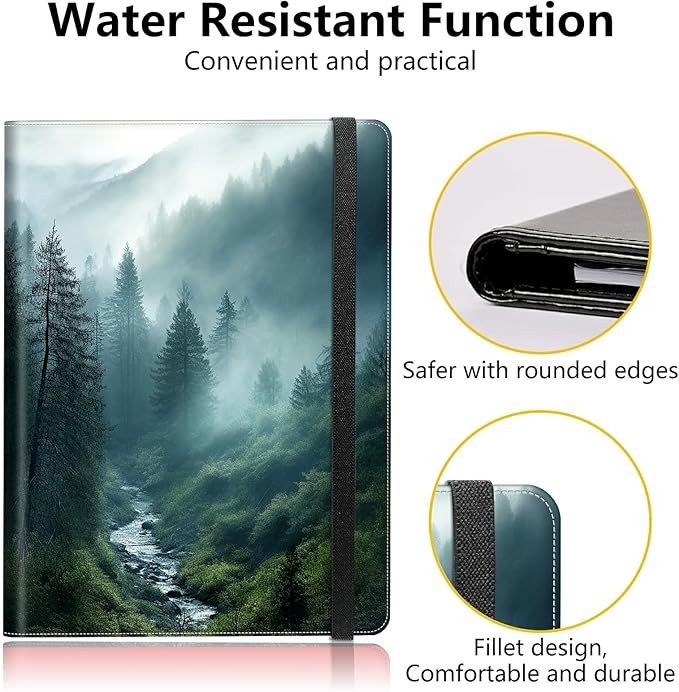 Forest in Rain Padfolio Folder with Clipboard,Portfolios Organizer Clipboards with Storage Clipboard Writing Pad PU Leather Conference Document Organizer with Business Card Holder