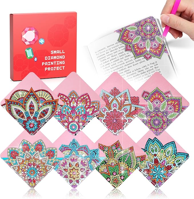 8 Pcs Diamond Art Bookmarks Kit for Adult, DIY Diamond Paint Corner Book Makers Set, Small Diamond Art Kits, Paint by Art Crafts Kit Gifts for Women, Easy and Fun