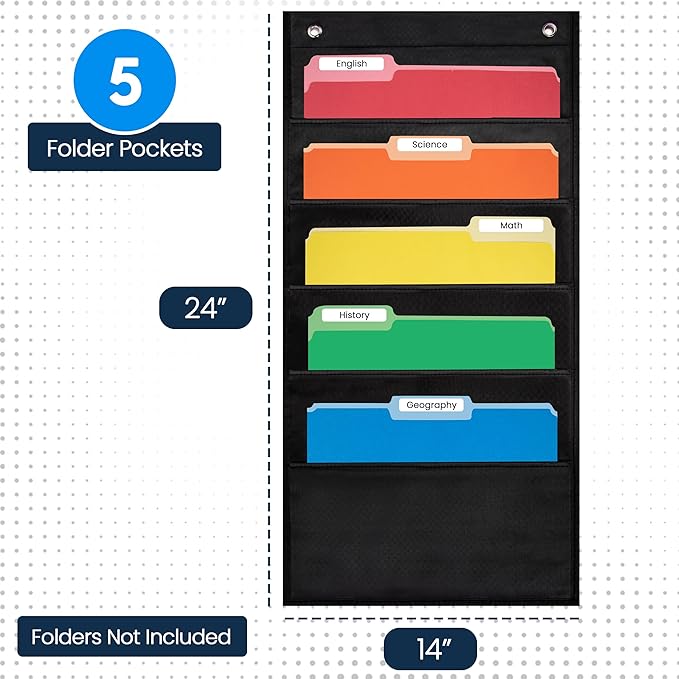 5 Pocket File Pocket Chart, Black, 14" Wide x 24" Tall - Versatile Wall Hanging File Folder Organizer for Classroom, Office, Home, and More - Wall Folder Organizer - 5 Pockets