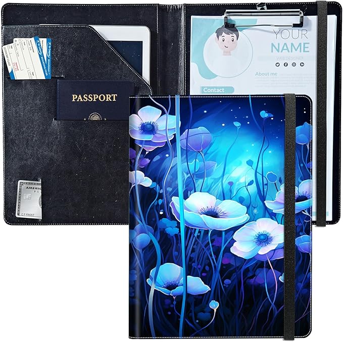 PU Leather Padfolio Clipboard Notepad with Pen Loop and Elastic Strap Interview/Resume Document Organizer for Business School Office,Blue Flowers