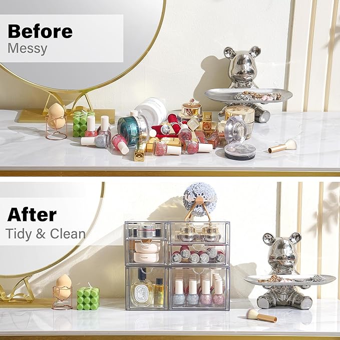 Prsildan Acrylic Drawer Makeup Organizer with 6 Drawers, Set of 2 Office Desk Organizers Accessories, Clear Stackable Storage Drawers for Vanity, Countertop, Craft, Jewelry, Art Supply Organization
