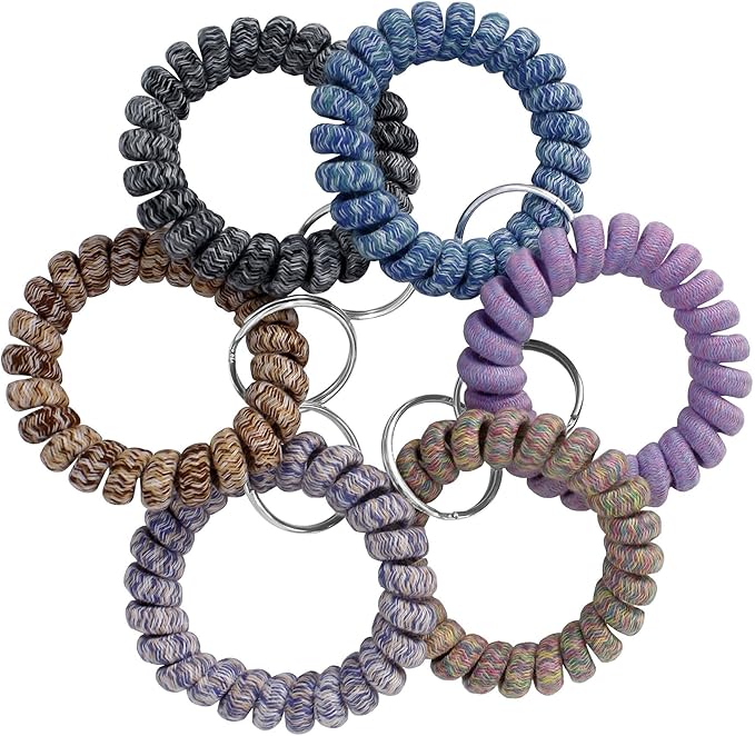 BIHRTC Pack of 6 Keychain Bracelet key Holder Wristlet Wrist Key Chain Spring Wristband Flexible Spiral Wrist Coil Spring Key Chain Stretchable Spiral Key Rings for Gym Pool ID Badge Sports