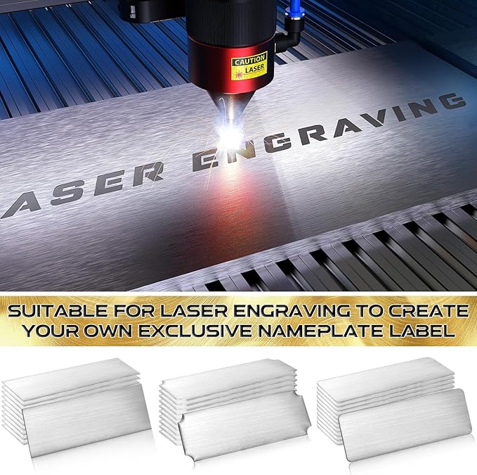 Therwen 30 Pcs Name Plates Laser Engraved Brushed Stainless Steel Plate Personalized Plaque Blank Custom Name Tag Frame Label with Adhesive Backing(Silver Multi Shape,1''x 3'')