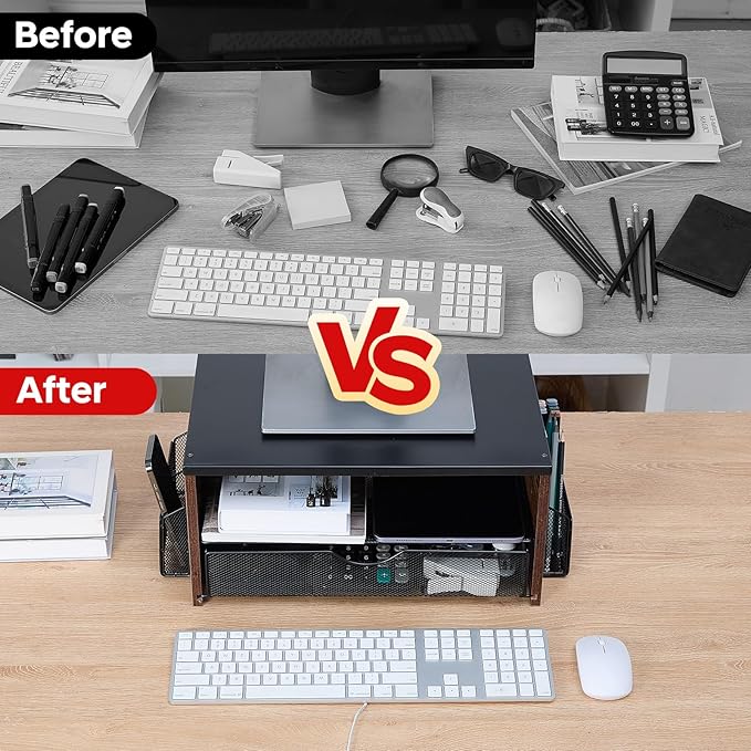 Printer Stand,Desktop Printer Stand with 2-Tier Storage Shelves for Home Office，Desk Organizer with Drawer and 2 Pen Holders for Fax Machine Scanner Files