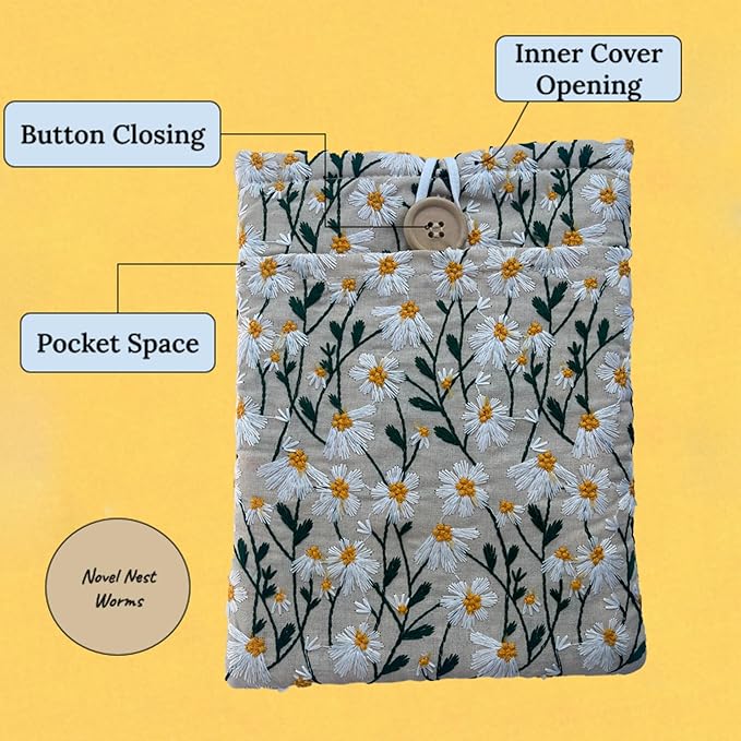 Embroidered White Daisy Book Sleeve. Book Cover/Protector
