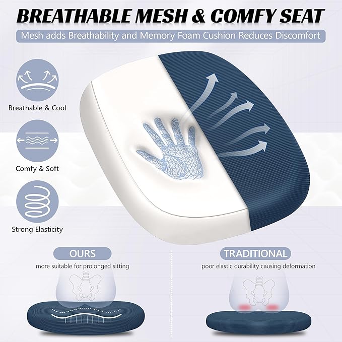 Office Chair Ergonomic Desk Chair with Adjustable 3D Lumbar Support and Height, Comfy Mesh Computer Chair with Flip-up Armrests, Swivel Rolling Task Chair with Wheels for Home Office (Navy)