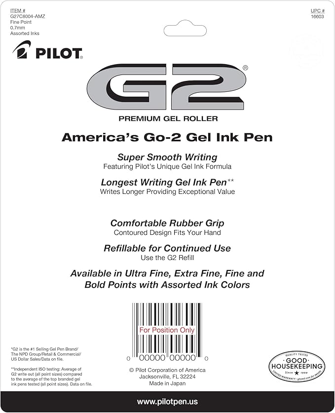 Pilot, G2 Premium Gel Roller Pens, Fine Point 0.7 mm, Assorted Colors, Pack of 7
