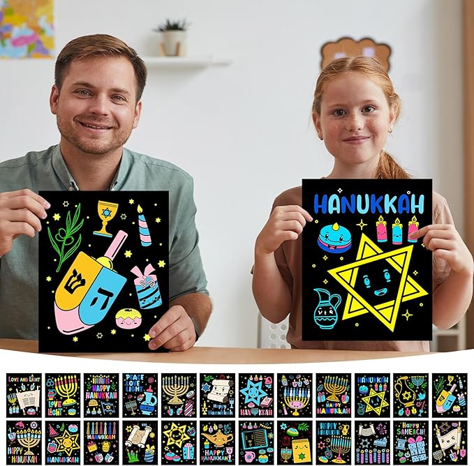 Zhanmai 48 Pcs Color Your Own Fuzzy Hanukkah Posters Happy Hanukkah Fuzzy Velvet Coloring Posters DIY Felt Craft Coloring Posters Crafts for Chanukah Home Holiday Party Activities