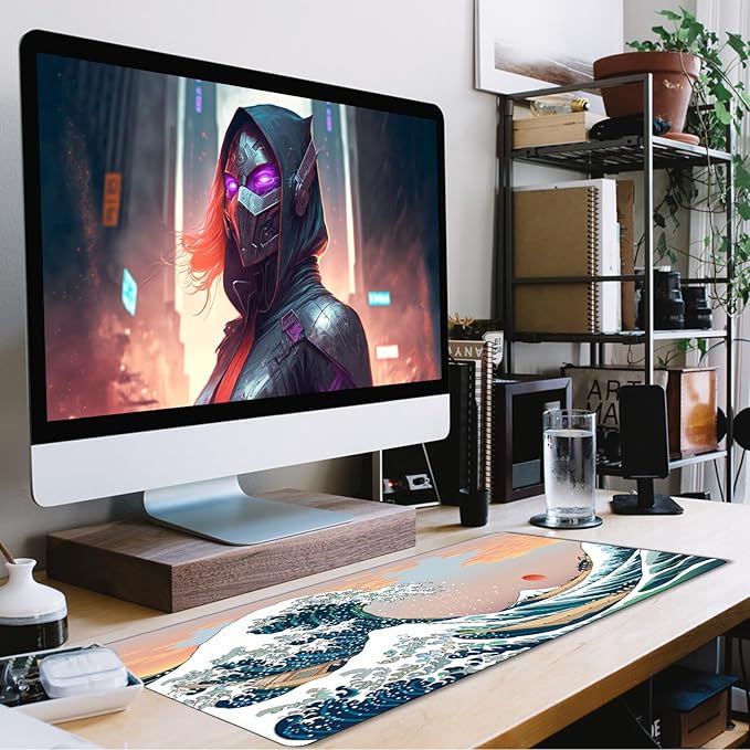 Japanese Large Mouse Pad,Desk Mat Large Office Desk Pad, Extended Large Mouse Mat for PC, Stitched Edges Gamer Mousepad 31.5 X 15.7 Inch Long Mice Pad, Sunset Sea
