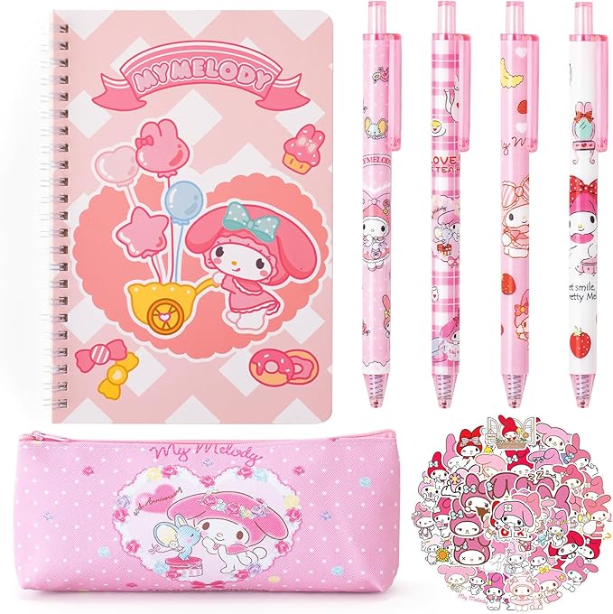 Cute School Supplies Anime Stationery Gift Set Includs Gel Pens, Journal Notebook, 50 Stickers, Pencil Case, Kawaii Stationery Set, Back to School Gift(Pink)