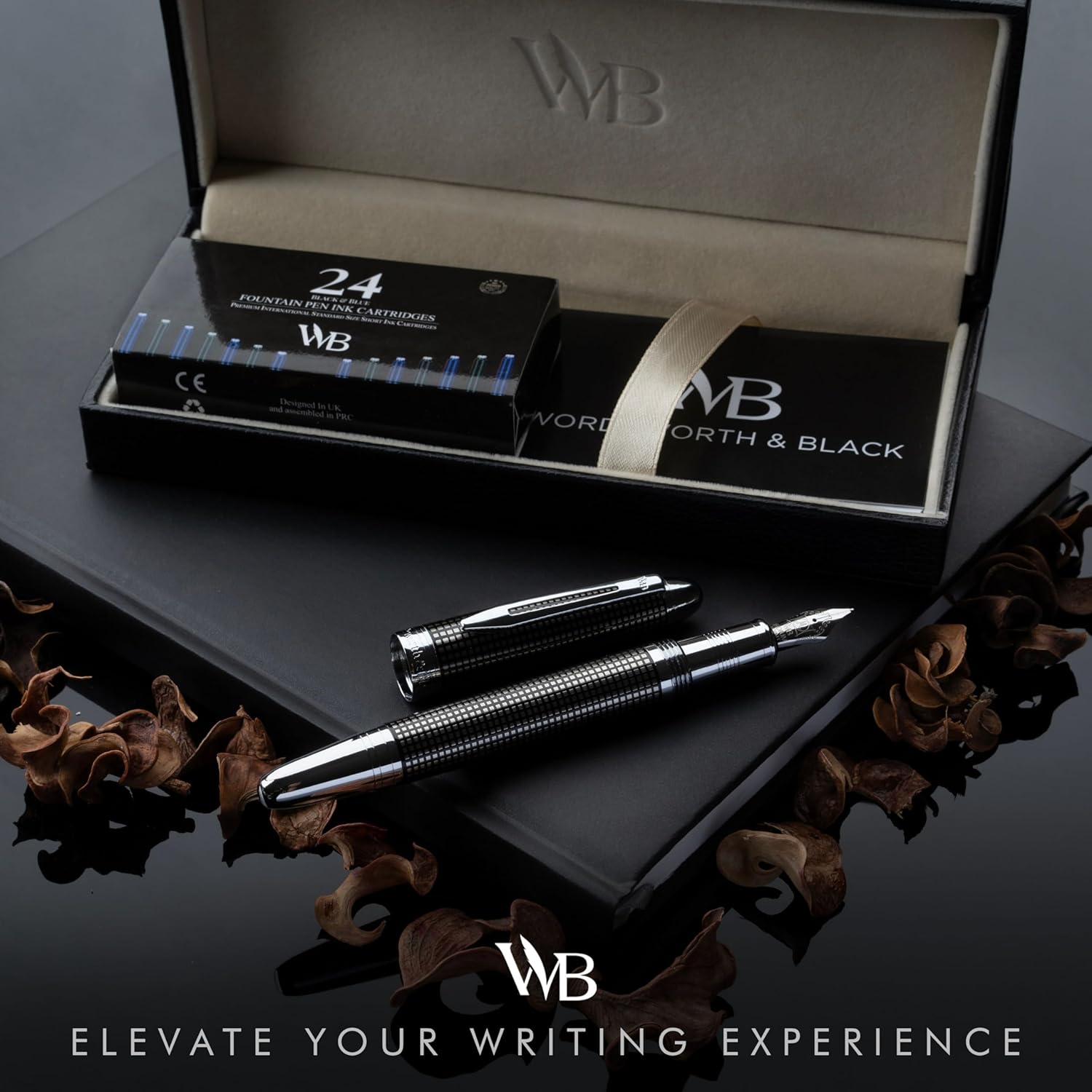 Wordsworth & Black Majesti Fountain Pen-(Black Checked), Luxury Case, Stainless Steel; Medium Nib- Ink Cartridges, Refillable Ink Converter-Calligraphy Pen-Best Business Gift Set for Men & Women