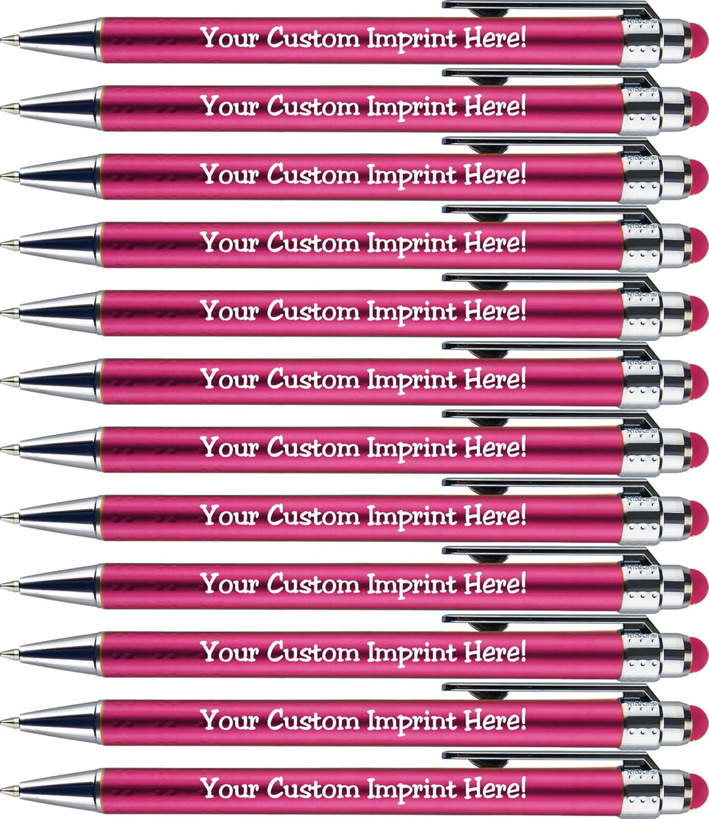 Personalized Pens with Stylus Tip -Bright Vibes- Click action - Custom - Black writing - Printed Name pens - Imprinted with Your Logo or Message - FREE PERSONALIZATION - 12 Pens/Box (Pink)