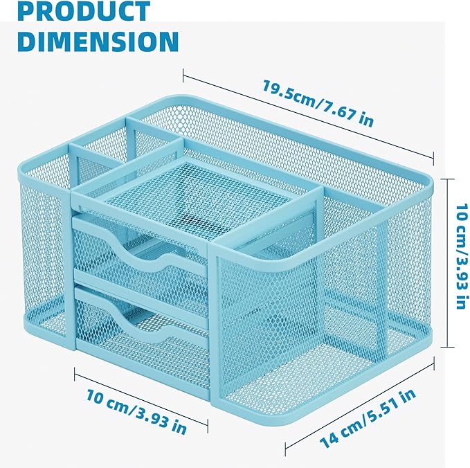 Marbrasse Mesh Desk Organizer, Pen Organizer with 2 Drawer, Multi-Functional Pencil Holder for Desk, Desk Organizers and Accessories with 5 Compartments + Drawer for Office Art Supplies (Blue)