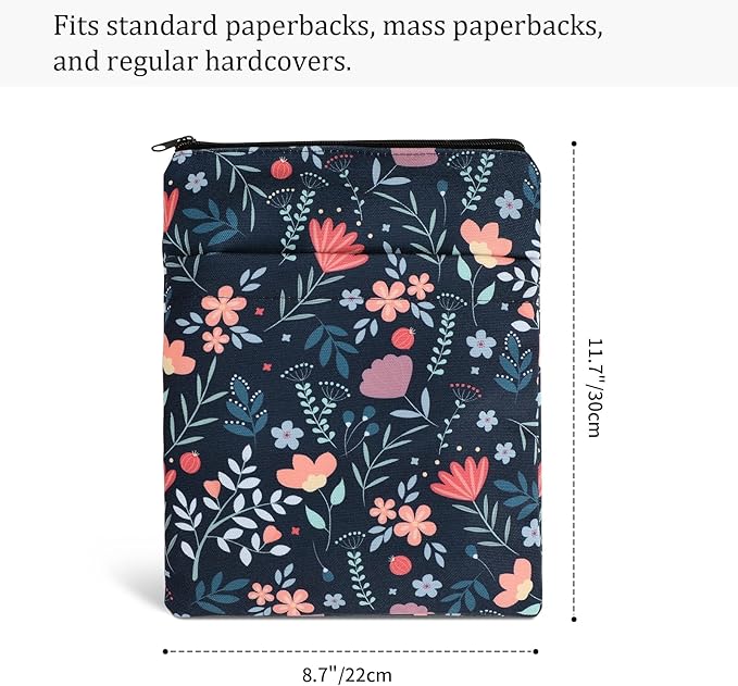 Book Sleeve Book Covers Book Protector Floral Printed with Zipper Washable Fabric for Teen Adult Book Lover Teacher Student(Medium,11 X 8.7 Inch)
