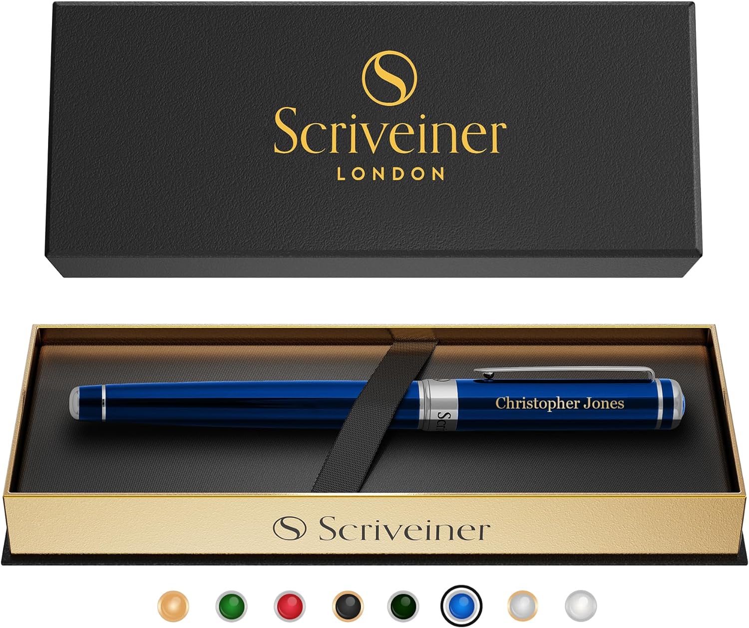 Scriveiner Personalized Midnight Blue Pen - Stunning Blue Lacquer Luxury Pen, Chrome Finish, Schmidt Ink Refill, Best Engraved Roller Ball Gift Set for Men & Women, Custom Name Engraving