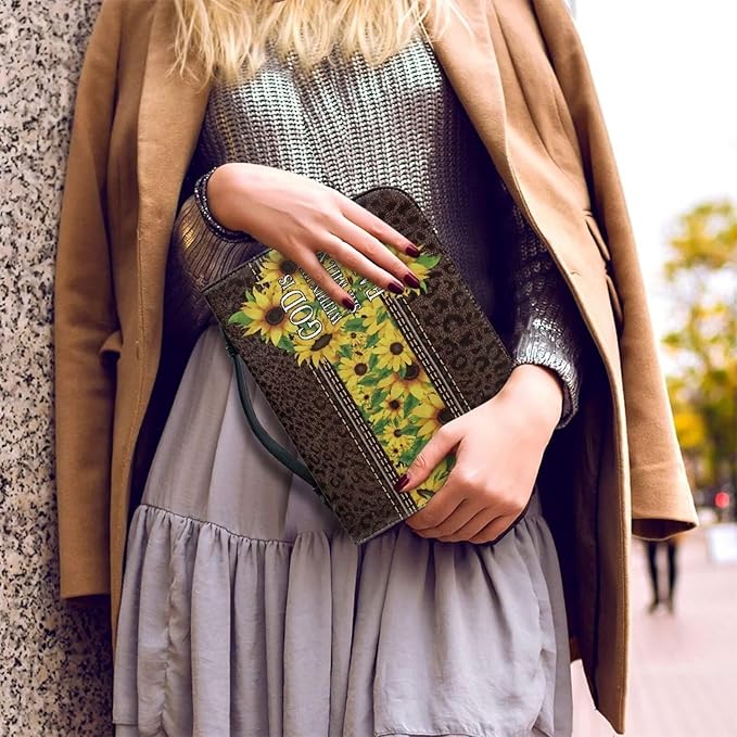 Lotusorchid PU Leather Bible Bag for Women with Inspiring Bible Verses, Sunflower Leopard Print Bible Cover Women Girls, Sturdy Bible Book Carrying Bags Christian Bible Study Accessories, M