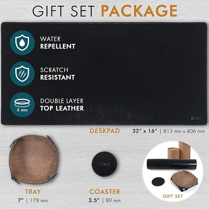 Elizo Leather Desk Mat Desk Pad Blotter Set - Real Full-Grain Leather (32x16) 2-Layer Genuine Desk Cover Protector & Large Mouse Pad | Computer Keyboard Desk Accessories for Office & Home Carbon