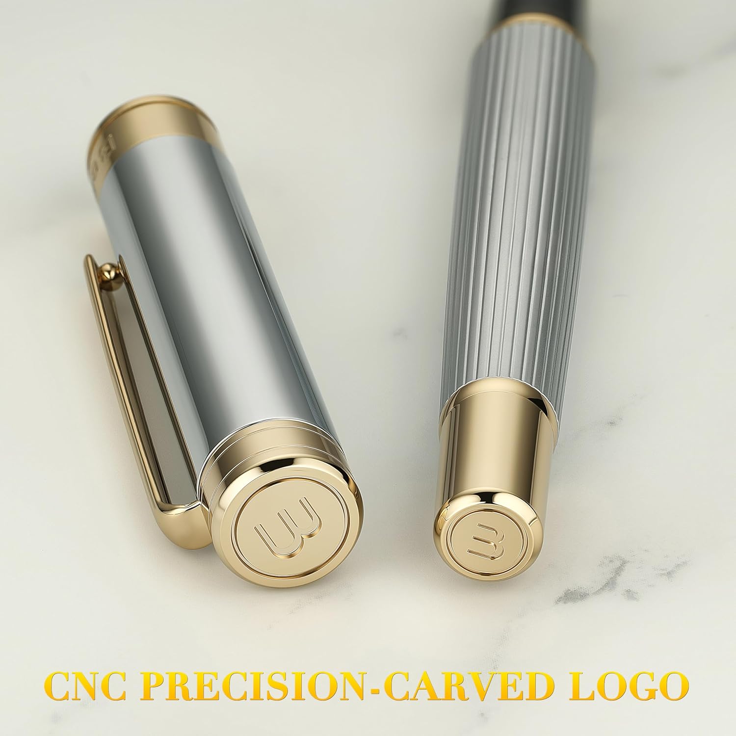 BEILUNER Lighthouse series Rollerball pen, Silver Chrome pen body, exquisite vertical lines, Schneider 850 refill, suitable for men, office, professionals, exquisite and chic designer pen