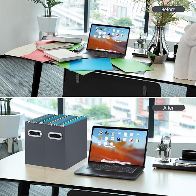 Oterri File Organizer, Small Storage Box, Cardboard File Folder Organizer, Collapsible File Box, Hanging File Organizer for Letter Size, Portable File Box with Handle, Only Box (Dark Grey,2 Packs)