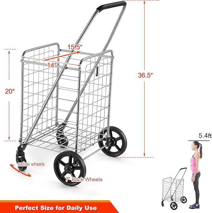Wellmax WM99024S Grocery Utility Shopping Cart, Easily Collapsible and Portable to Save Space and Heavy Duty, Light Weight Trolley with Rolling Swivel Wheels