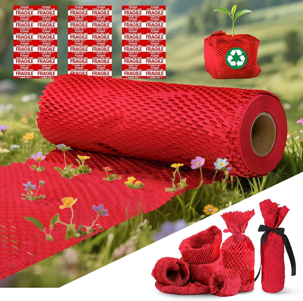 Honeycomb Packing Paper, 12"x300' Red | Perforated Honeycomb Packing Paper Recyclable Moving Supplies for Shipping & Moving | Plastic-Free Alternative to Bubble Cushion Wrap with 36 Fragile Stickers