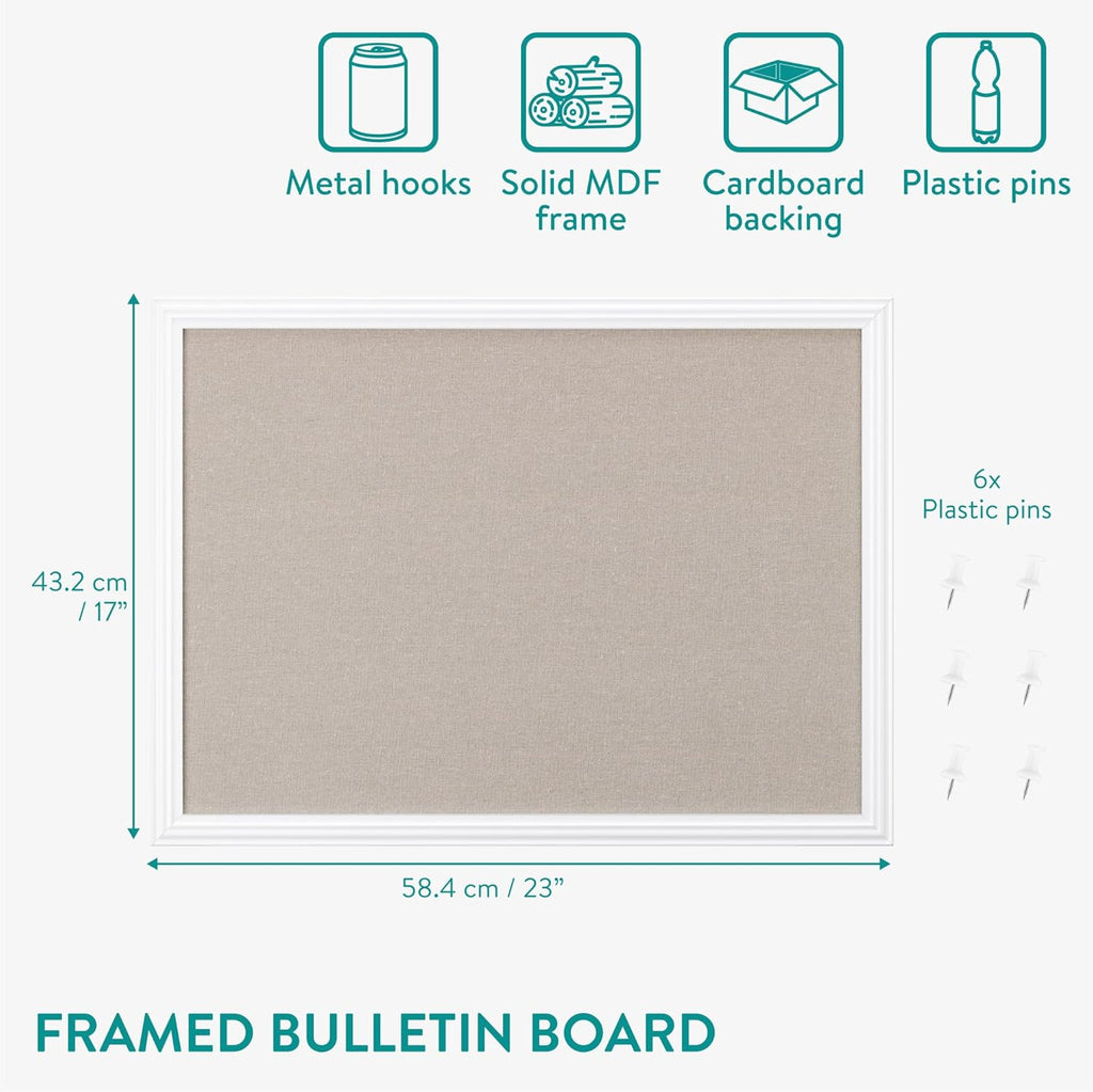 Navaris Framed Linen Bulletin Board - Approx. 58 x 43cm Fabric Jewelry Organizer Pinboard for Wall Memory Memo Pin Board - Natural Linen with White Frame