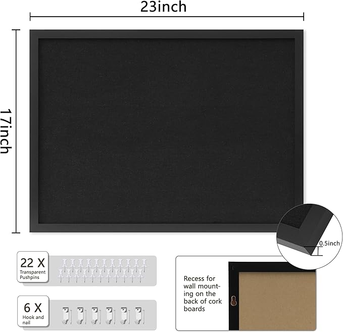 Cork Board with Linen Black 2Pack,Bulletin Board 23"x17", Corkboards for Office Home School Message Board or Vision Board Decoration.