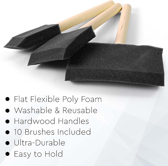 Vanitek 10 Piece Flat Flexible Poly Foam Bevel-Tipped Brush Set with Wooden Handles - Ideal for Applying Paint, Oil-Based Paints, Stain, Varnish, Enamel, Latex Paint, Smooth Surfaces, & Arts & Crafts