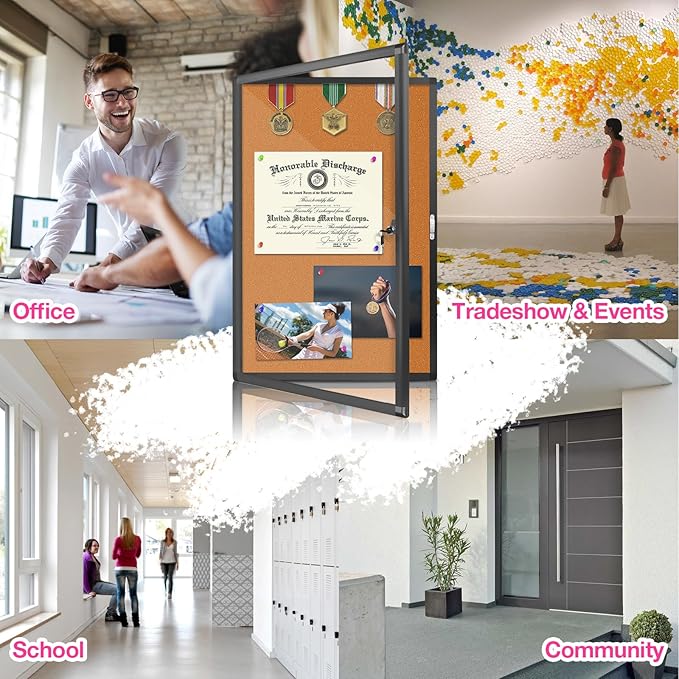 Outdoor Enclosed Bulletin Board, Weatherproof Cork Noticeboard with Clear Acrylic Locking Door, Wall-Mounted Black Aluminum Framed Display Case,36x24in (5xA4)