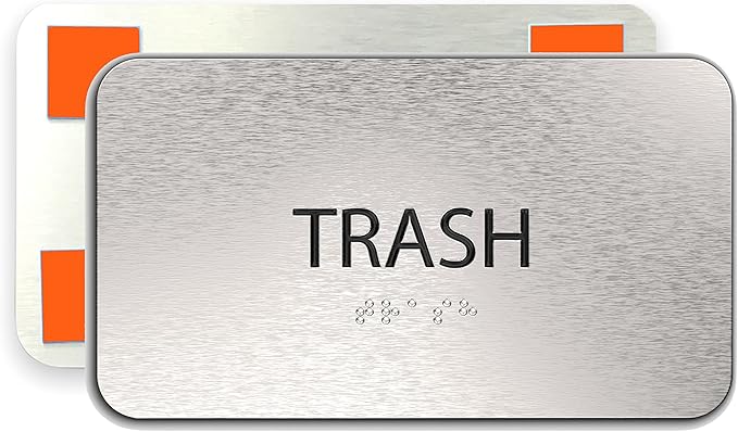 ADA Trash Sign for Business - Office Signs, Aluminum Brushed Silver, Tamper-Proof, Heavy Duty Mounting Tape, Easy Install, Office Décor, ADA Compliant, Grade 2 Braille (7” W x 4” H) ADASigns.org