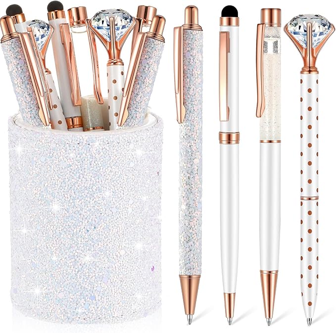 Sabary 8 Pcs Ballpoint Pens with Pen Holder for Desk Metal Crystal Diamond Pen Glitter Pencil Holder Fancy Pens Black Ink Bling Desk Organizer for Women Girls Office School Wedding Gifts (White)