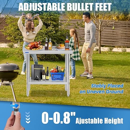 Stainless Steel Table for Prep & Work with Backsplash 24 x 48 Inches NSF Metal Commercial Kitchen Adjustable Under Shelf Worktable for Restaurant Home Outdoor