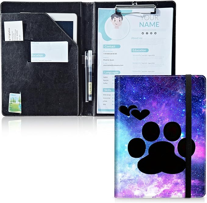 Padfolio Folder with Clipboard,Portfolios Organizer Clipboards with Storage Clipboard Writing Pad PU Leather Conference Document Organizer with Business Card Holder,Dog Paw Print
