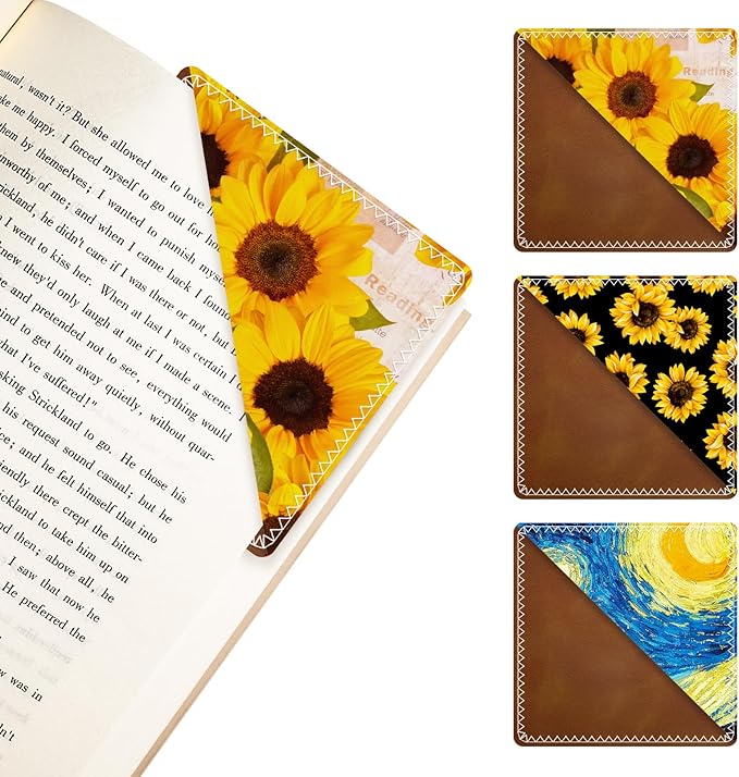 3 Pieces Leather Bookmarks, Personalized & Cute Book Accessories for Reading Lovers, Page Markers for Women Men Girls Boys Student Teacher Kids Retirement Birthday Gifts (Sunflower, Starry Sky)