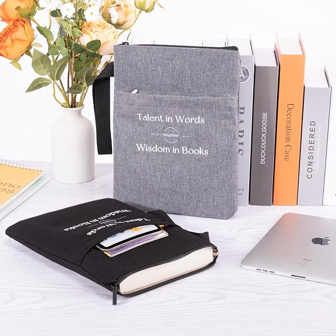 Book Sleeve for Book Lovers - Book Covers with Zipper Pockets - Canvas Book Protector for Paperbacks, Softcover - Washablle Book Pouch - Book Carrying Case - Book Carrier- Book Gift