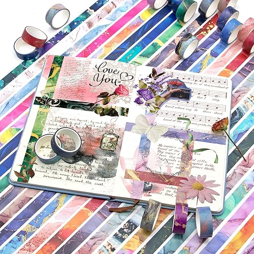 48 Rolls Washi Tape Set - Decorative Masking Tape Colored Marbling Patterns, Adhesive Artists Tapes for Journaling Supplies, DIY Crafts, Scrapbooking, Junk Journal Supplies, School Supplies