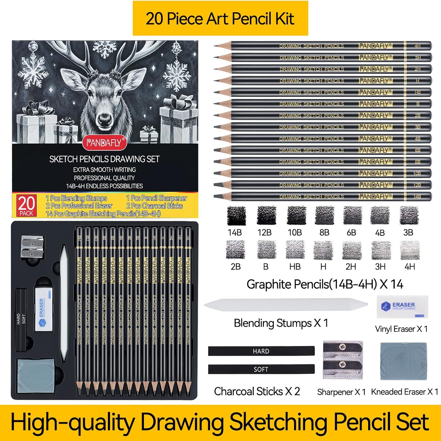 PANDAFLY 20-Piece Professional Sketch Pencil Set - Includes 4H to 14B Graphite Pencils, Charcoal Sticks, Vinyl Eraser, Kneaded Eraser, Sharpener, Blending Stump - Ideal for Artists and Beginners