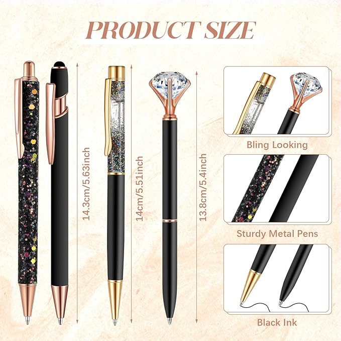 Sabary 8 Pcs Ballpoint Pens with Pen Holder for Desk Glitter Crystal Diamond Fancy Pencil Holder Bling Desk Organizer Cute Office Supplies for Women Girls Valentines Birthday Gifts(Black)