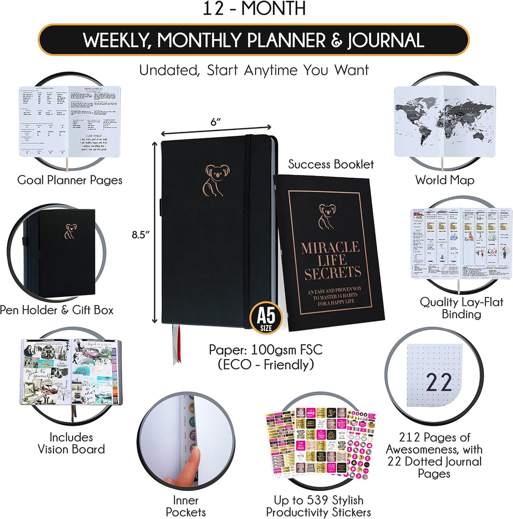 Life Planner - Gratitude Journal for Men & Women | Daily, Weekly & Monthly Planner with Budget Section, Time Blocking, Habit Tracker for Peace of Mind Planning to Increase Productivity & Happiness