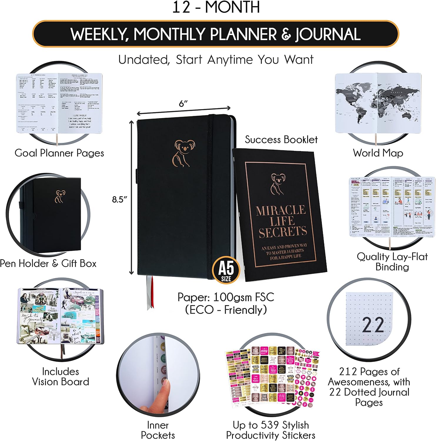 Life Planner - Gratitude Journal for Men & Women | Daily, Weekly & Monthly Planner with Budget Section, Time Blocking, Habit Tracker for Peace of Mind Planning to Increase Productivity & Happiness